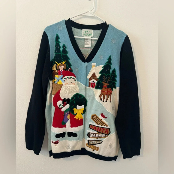 Quacker Factory North Pole Santa Workshop Christmas Sweater Cardigan NWT M *read - Picture 1 of 13